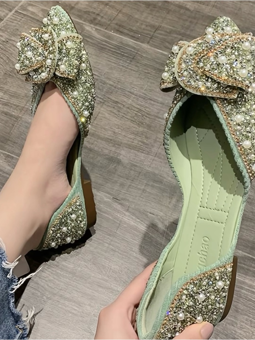 Mint Green Pearl & Crystal Bow Flats